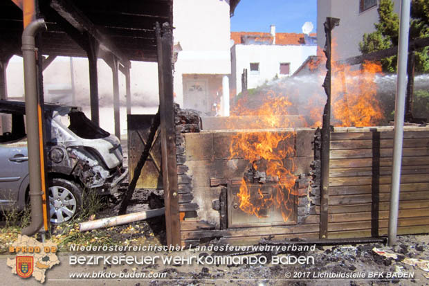 20170615 Bei Müllinselbrand in Tribuswinkel Gasleitung, Carport, Pkw sowie Stromanschlusskästen in Brand geraten