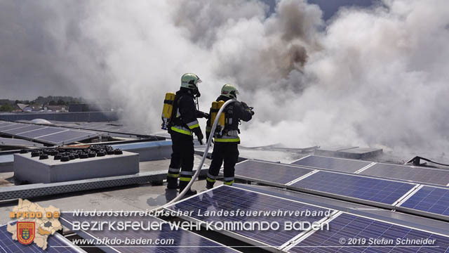 20190715 Brand mehrerer Photovoltaikpaneele am Dach einer Halle im Gewerbepark-Traiskirchen Foto: © Stefan Schneider BFK Baden 20190715 Brand mehrerer Photovoltaikpaneele am Dach einer Halle im Gewerbepark-Traiskirchen Foto: © Stefan Schneider BFK Baden