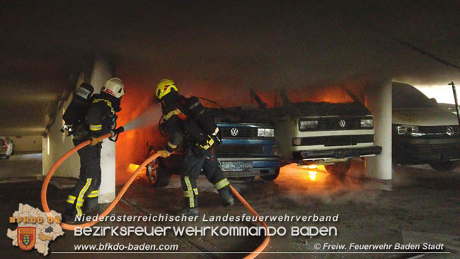 20200304 Fahrzeugbrand in Badener Parkdeck Zentrum Süd Foto: © FF Baden-Stadt / Stefan Schneider 20200304 Fahrzeugbrand in Badener Parkdeck Zentrum Süd Foto: © FF Baden-Stadt / Stefan Schneider