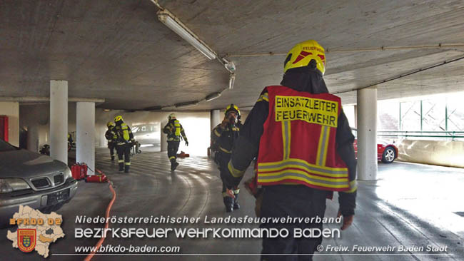 20200304 Fahrzeugbrand in Badener Parkdeck Zentrum Süd Foto: © FF Baden-Stadt / Stefan Schneider 20200304 Fahrzeugbrand in Badener Parkdeck Zentrum Süd Foto: © FF Baden-Stadt / Stefan Schneider