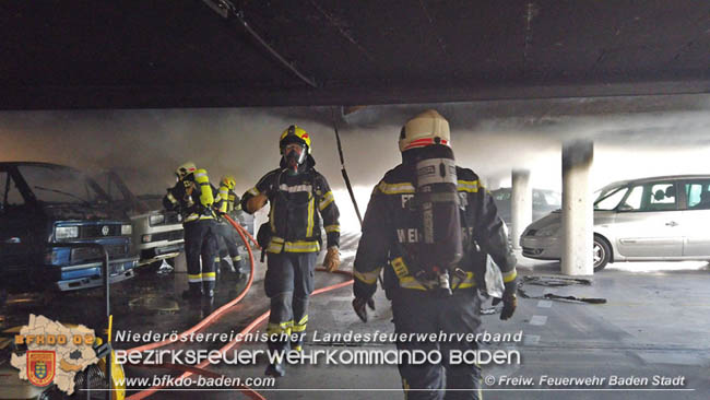 20200304 Fahrzeugbrand in Badener Parkdeck Zentrum Süd Foto: © FF Baden-Stadt / Stefan Schneider 20200304 Fahrzeugbrand in Badener Parkdeck Zentrum Süd Foto: © FF Baden-Stadt / Stefan Schneider