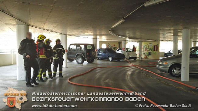 20200304 Fahrzeugbrand in Badener Parkdeck Zentrum Süd Foto: © FF Baden-Stadt / Stefan Schneider 20200304 Fahrzeugbrand in Badener Parkdeck Zentrum Süd Foto: © FF Baden-Stadt / Stefan Schneider