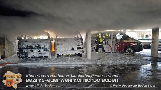 20200304 Fahrzeugbrand in Badener Parkdeck Zentrum Süd Foto: © FF Baden-Stadt / Stefan Schneider 20200304 Fahrzeugbrand in Badener Parkdeck Zentrum Süd Foto: © FF Baden-Stadt / Stefan Schneider