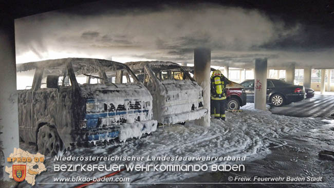20200304 Fahrzeugbrand in Badener Parkdeck Zentrum Süd Foto: © FF Baden-Stadt / Stefan Schneider 20200304 Fahrzeugbrand in Badener Parkdeck Zentrum Süd Foto: © FF Baden-Stadt / Stefan Schneider