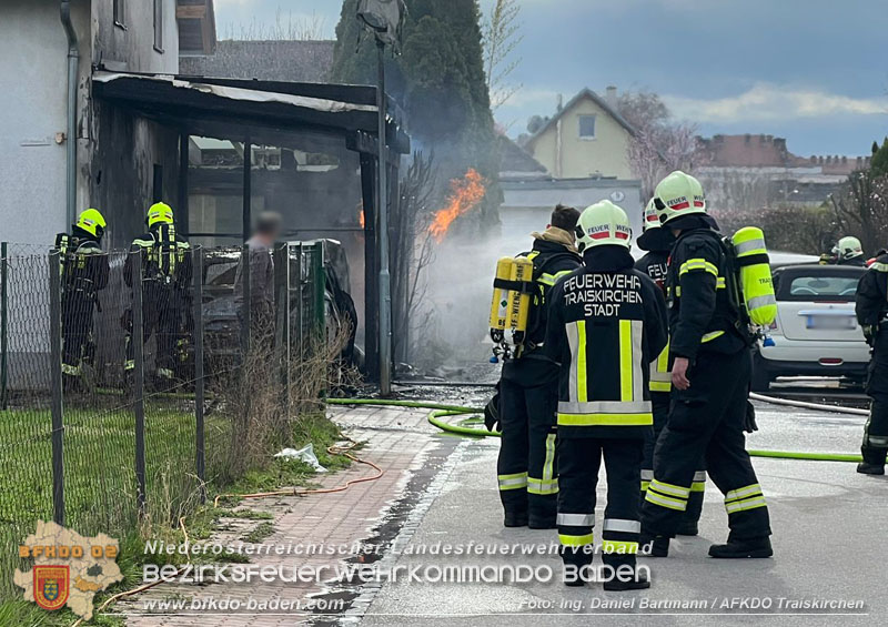 20240310 Brand eines Carports und Elektrofahrzeug in Traiskirchen mit weiteren Herausforderungen  Foto: Daniel Bartmann AFKDO Traiskirchen