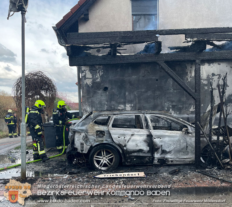 20240310 Brand eines Carports und Elektrofahrzeug in Traiskirchen mit weiteren Herausforderungen  Foto: FF Moellersdorf