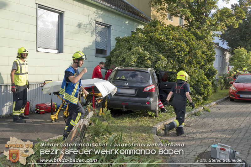 20250822_Pkw Lenkerin prallt im Ortsgebiet frontal gegen Baum Foto: Stefan Schneider BFKDO BADEN 20250822_Pkw Lenkerin prallt im Ortsgebiet frontal gegen Baum Foto: Stefan Schneider BFKDO BADEN